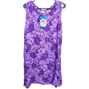 Makai Beach Purple Hawaiian Floral Sleeveless Shift Mini Dress. Sz. L